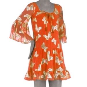 Juicy Couture Martinique Butterfly Mini Dress Silk Ruffle Gold Metallic Orange S